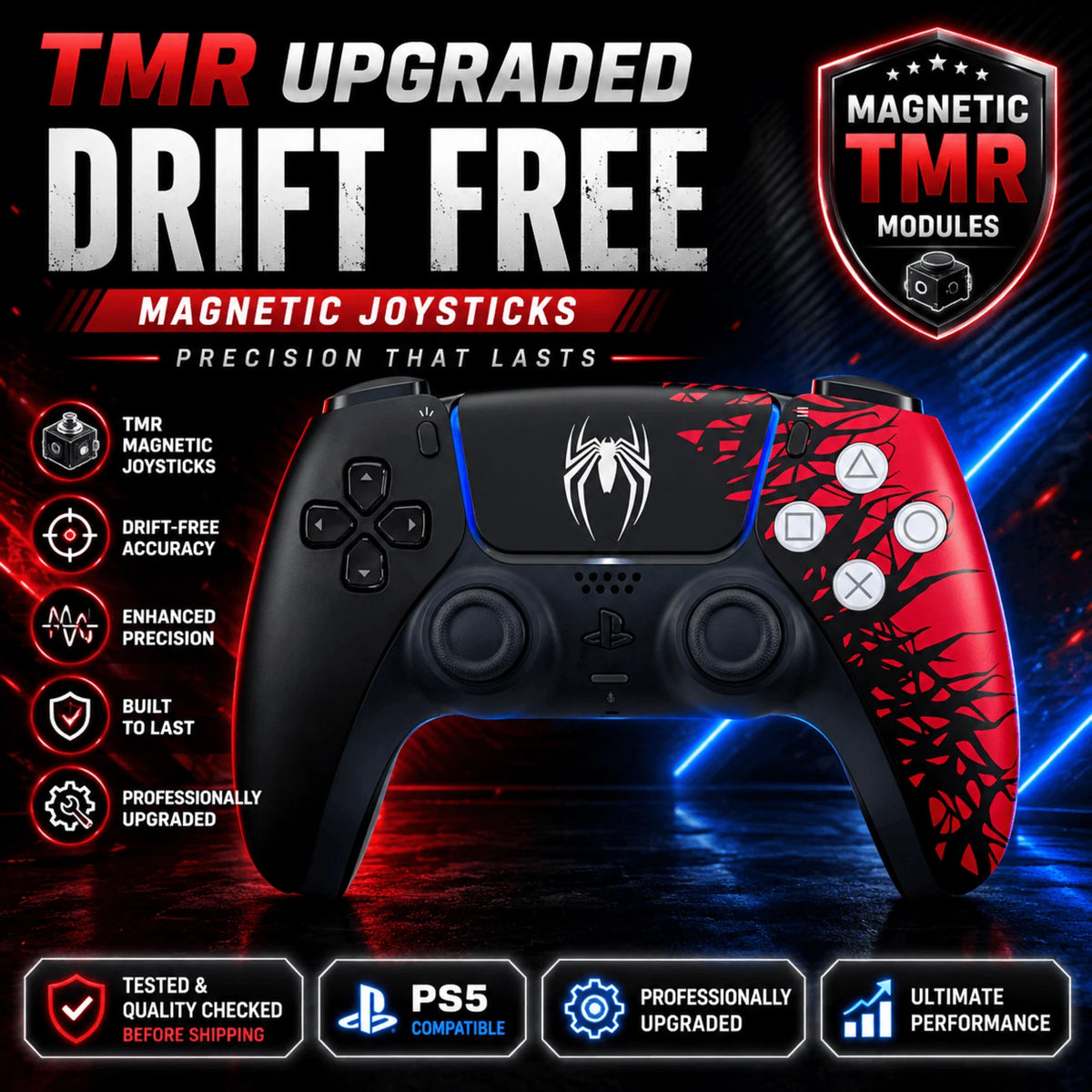 Sony PlayStation 5 DualSense Spider-Man 2 Limited Edition Wireless Controller Upgraded TMR Joysticks Grade A Tested