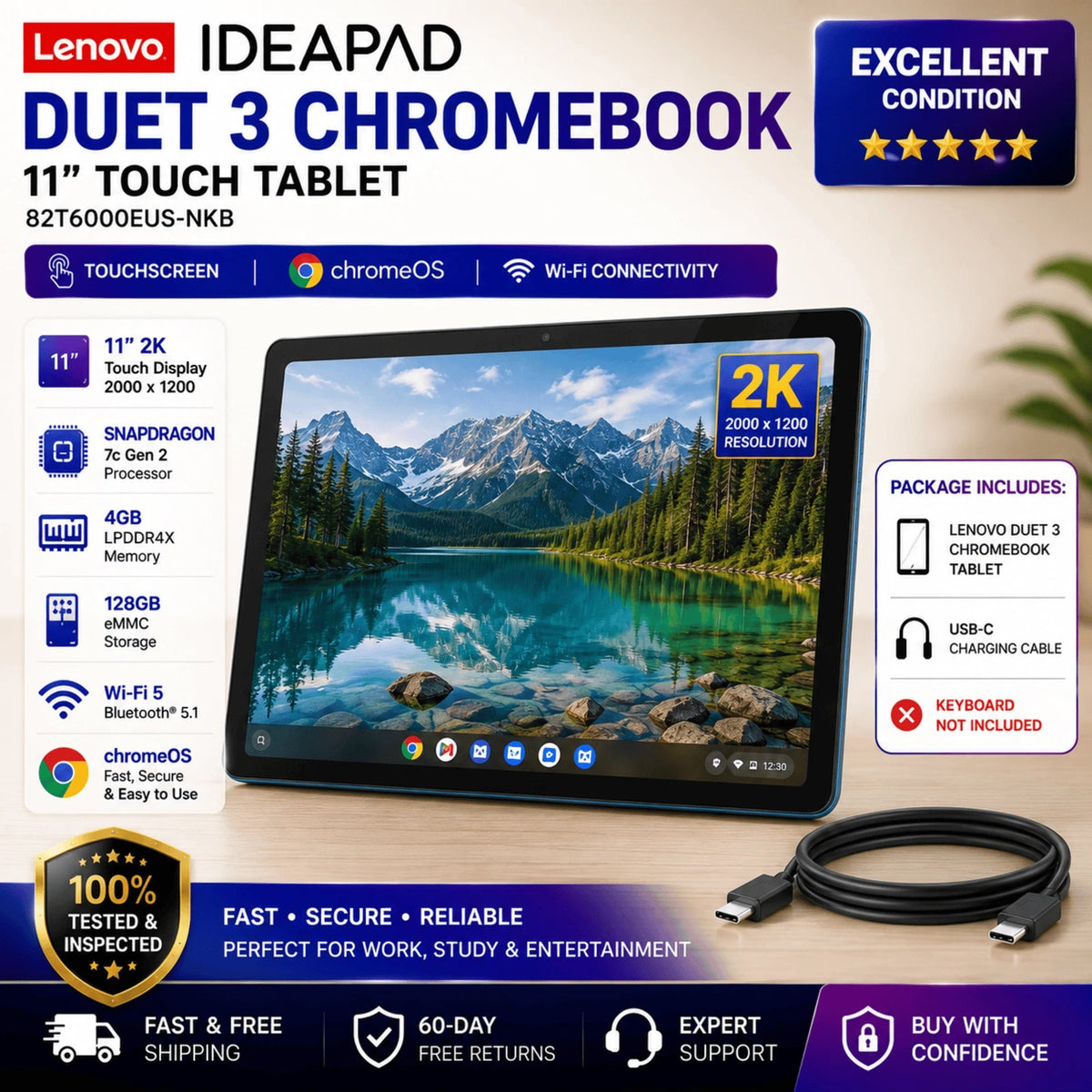 Lenovo IdeaPad Duet 3 11.0 Chromebook 82T6000EUS 128GB Slate Tablet Only No Keyboard No Stand Grade A Tested