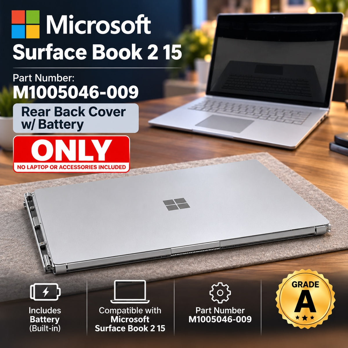 Microsoft Surface Book 2 15 Inch Rear Back Cover Housing Enclosure With Battery M1005046-009 Grade A Tested