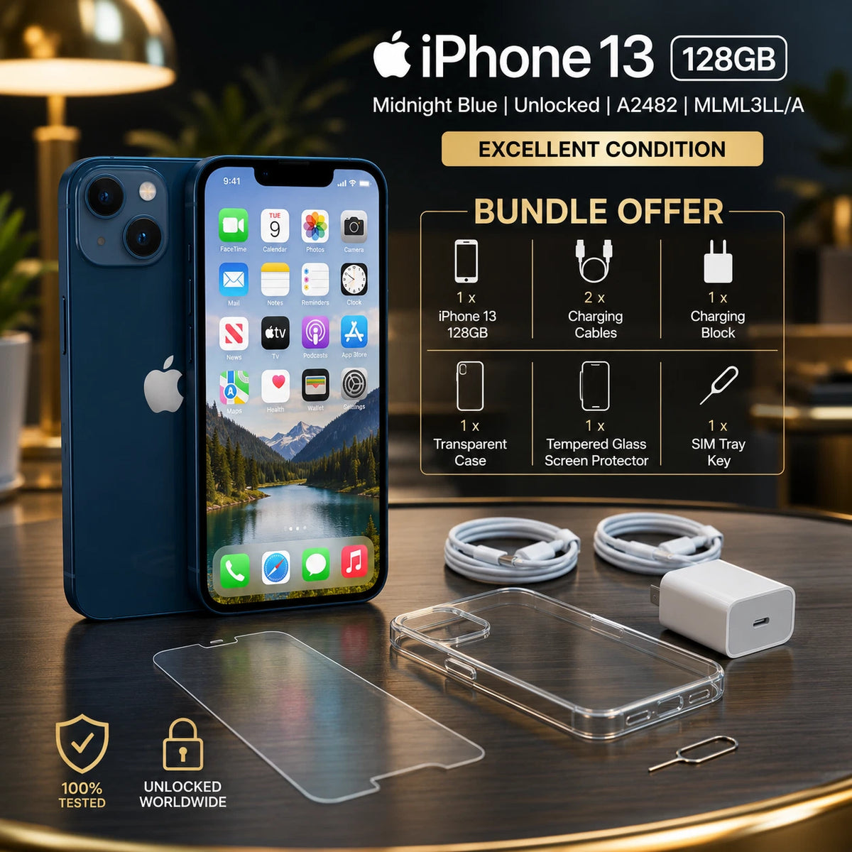 Apple iPhone 13 128GB Midnight MLML3LL/A Factory Unlocked 5G Smartphone Bundle Accessories Included Grade A Tested